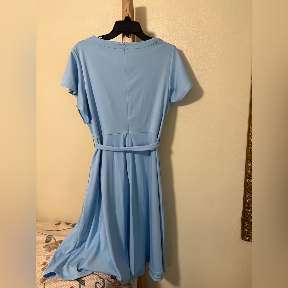 Grace Karin Sky Blue Keyhole Flutter Sleeve Midi Dress with Tie Waist - Picture 2 of 3